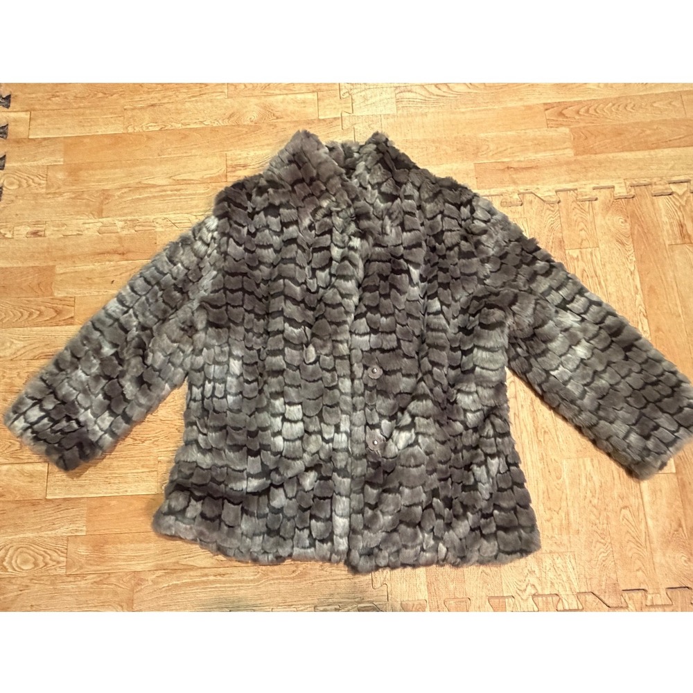 Nic + Zoe Womens Grey Faux Fur Luxury Scalloped Button Front Jacket Size M